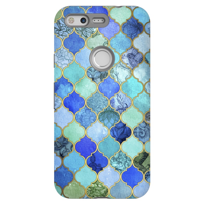 Pixel StrongFit Cobalt Blue Aqua and Gold Decorative Moroccan Tile Pattern by Micklyn Le Feuvre