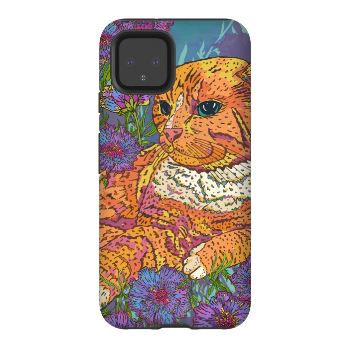 Pixel 4 StrongFit Ginger Cat in Flowers by Lotti Brown