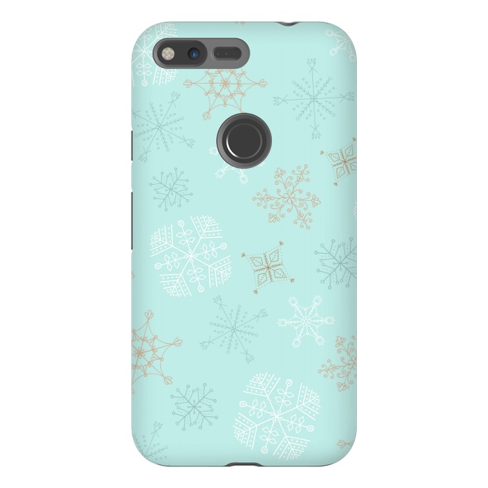 Pixel XL StrongFit Wintery Gold Snowflakes on Blue by Paula Ohreen