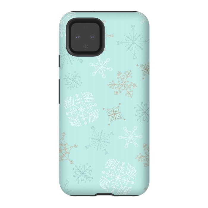 Pixel 4 StrongFit Wintery Gold Snowflakes on Blue by Paula Ohreen