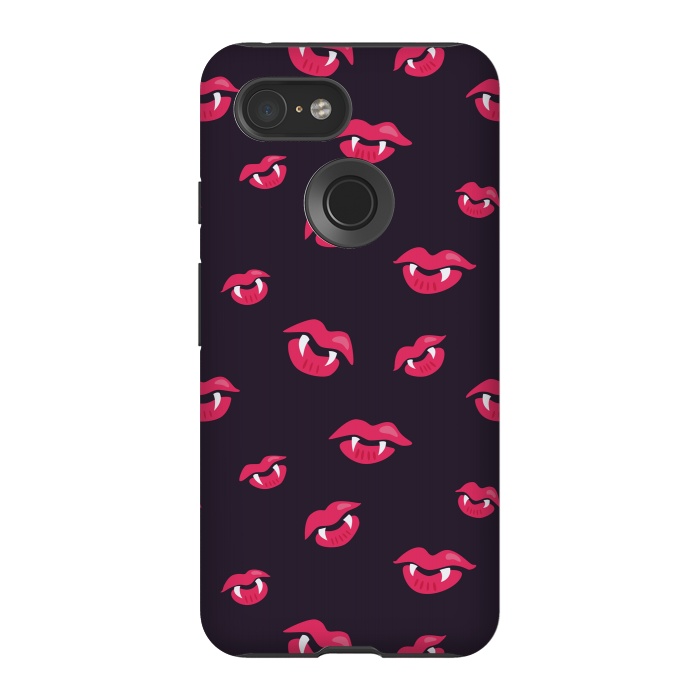 Pixel 3 StrongFit Pink Vampire Lips And Fangs Pattern by Boriana Giormova