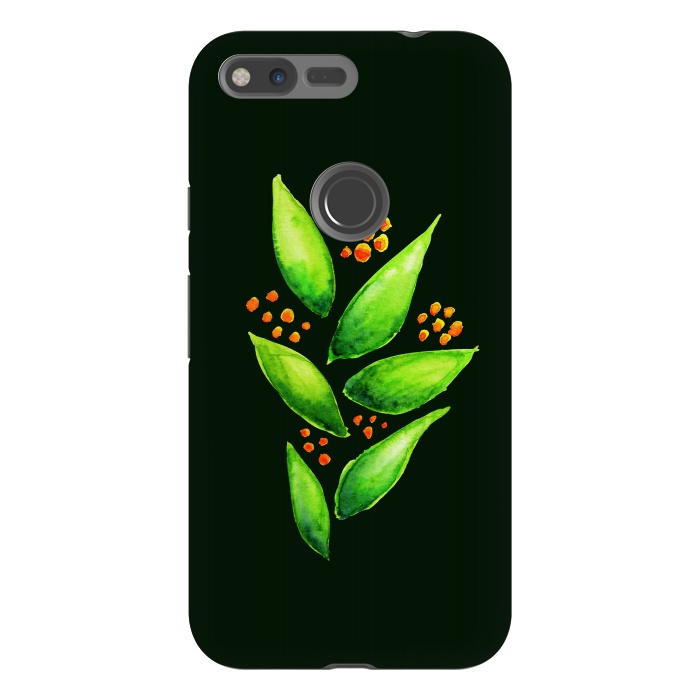 Pixel XL StrongFit Abstract watercolor green plant with orange berries by Boriana Giormova