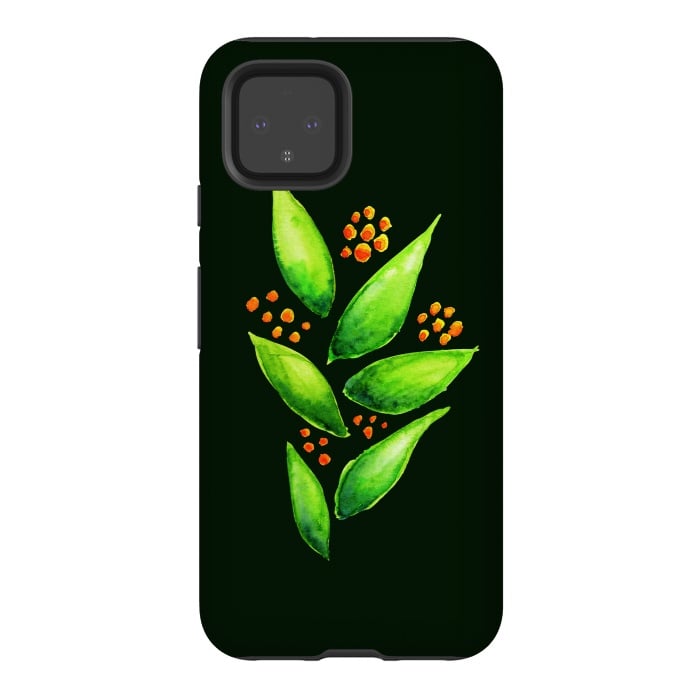 Pixel 4 StrongFit Abstract watercolor green plant with orange berries by Boriana Giormova