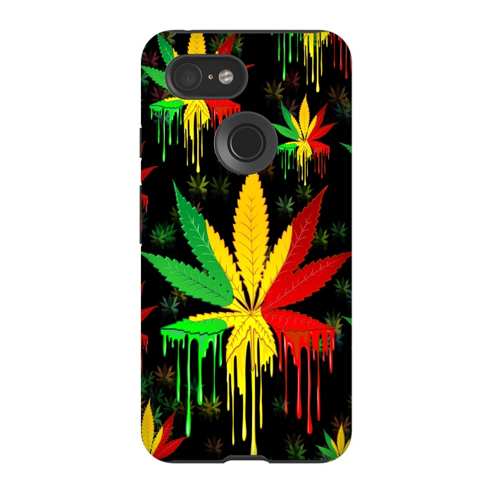 Pixel 3 StrongFit Marijuana Leaf Rasta Colors Dripping Paint by BluedarkArt