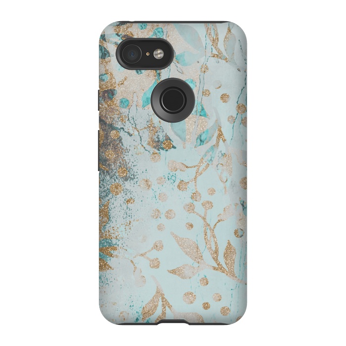 Pixel 3 StrongFit  Botanical  Pattern Teal And Gold by Andrea Haase