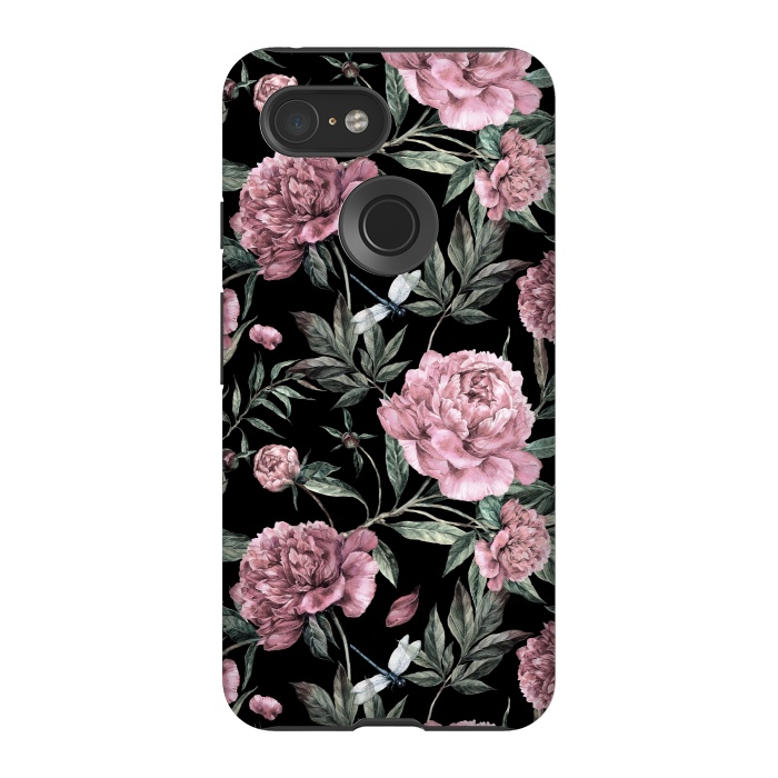 Pixel 3 StrongFit Black and Pink Peony Pattern by  Utart