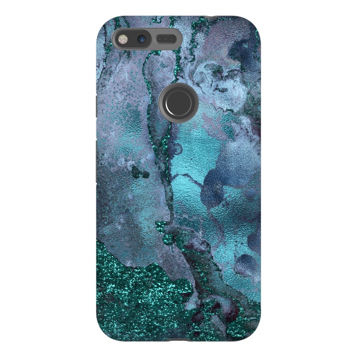 Pixel XL StrongFit Blue and Teal Ink Glitter Marble by  Utart