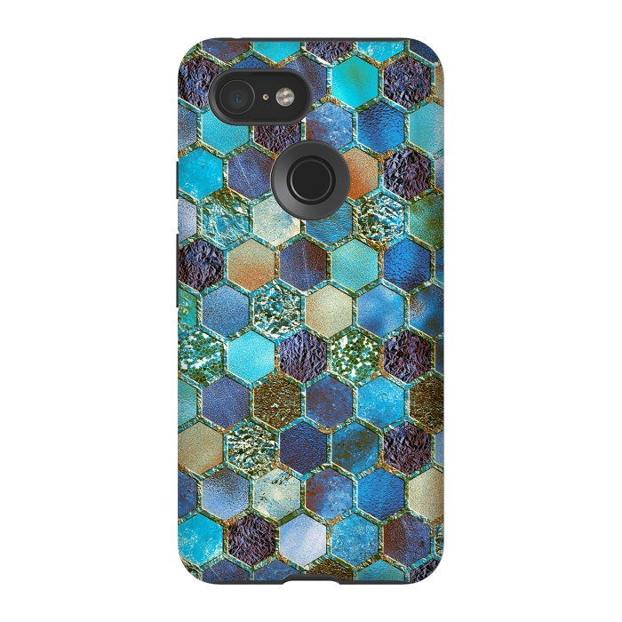 Pixel 3 StrongFit Multicolor Blue Metal Honeycomb Pattern by  Utart