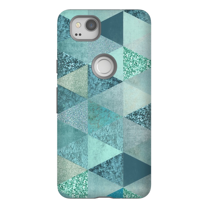 Pixel 2 StrongFit Fancy Shimmering Teal Triangles by Andrea Haase