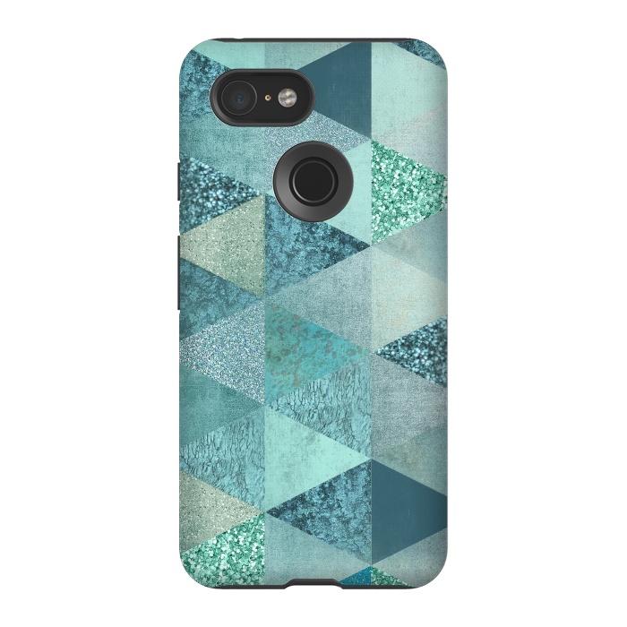 Pixel 3 StrongFit Fancy Shimmering Teal Triangles by Andrea Haase