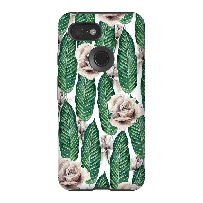 Pixel 3 StrongFit Tropical leaves and white roses by Mmartabc