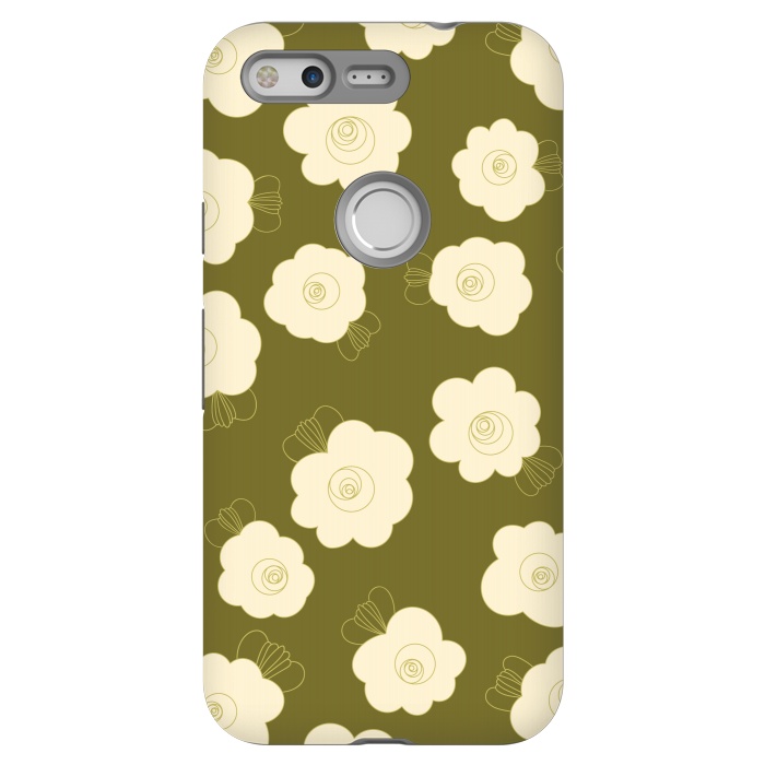 Pixel StrongFit Fluffy Flowers - Cream on Olive Green by Paula Ohreen