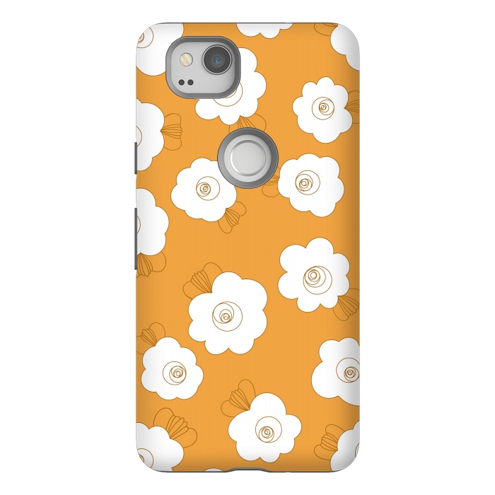 Pixel 2 StrongFit Fluffy Flowers - White on Pumpkin Orange by Paula Ohreen