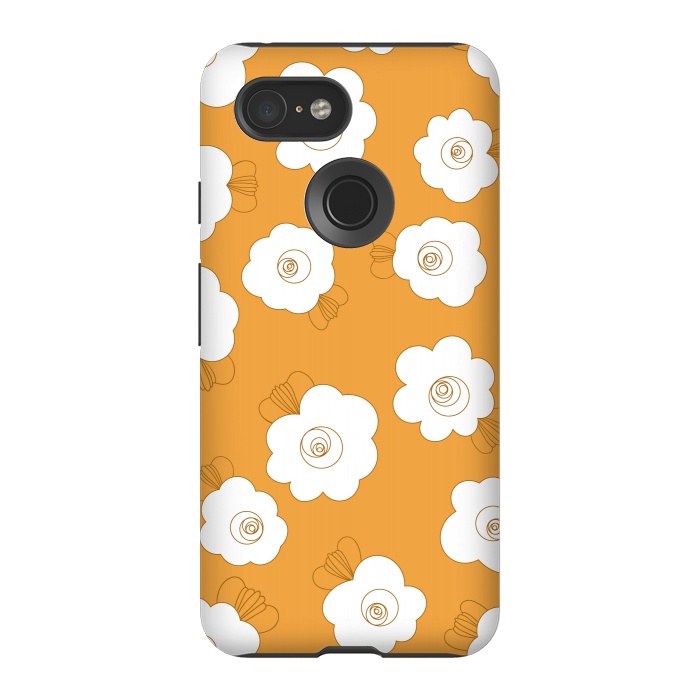 Pixel 3 StrongFit Fluffy Flowers - White on Pumpkin Orange by Paula Ohreen