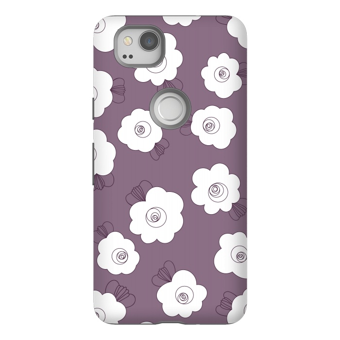 Pixel 2 StrongFit Fluffy Flowers - White on Grape Purple by Paula Ohreen