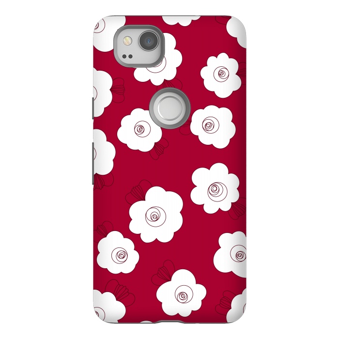 Pixel 2 StrongFit Fluffy Flowers - White on Red by Paula Ohreen