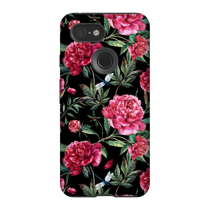 Pixel 3 StrongFit Pink Peonies on Black by  Utart