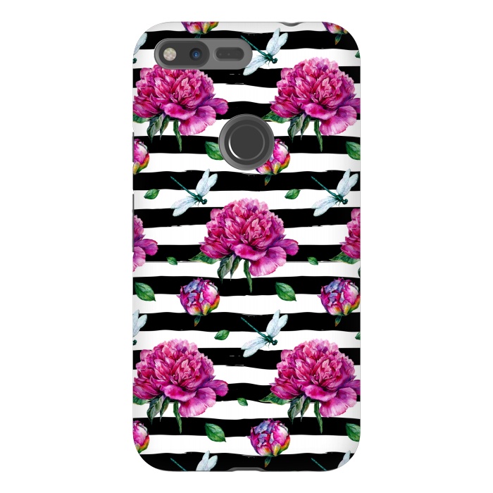 Pixel XL StrongFit Black Stripes and Peonies by  Utart