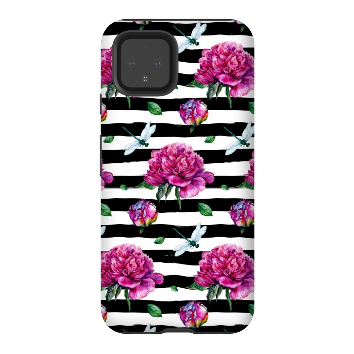 Pixel 4 StrongFit Black Stripes and Peonies by  Utart