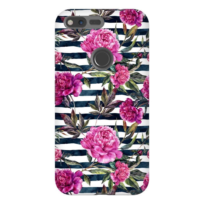 Pixel XL StrongFit Pink peonies and black stripes by  Utart