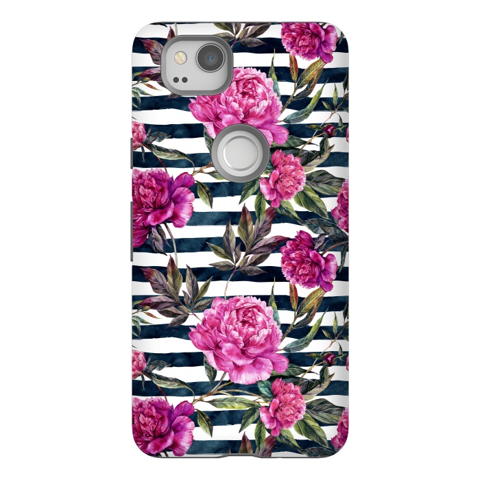 Pixel 2 StrongFit Pink peonies and black stripes by  Utart