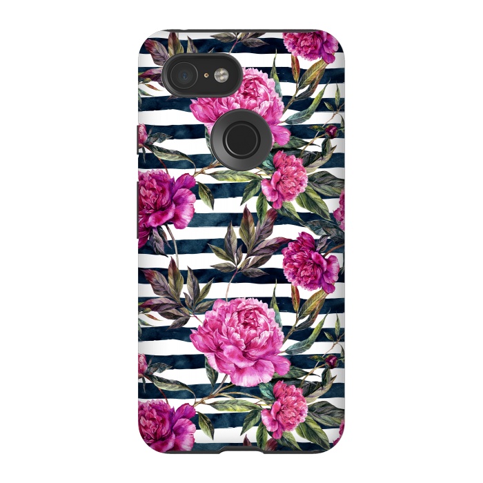 Pixel 3 StrongFit Pink peonies and black stripes by  Utart