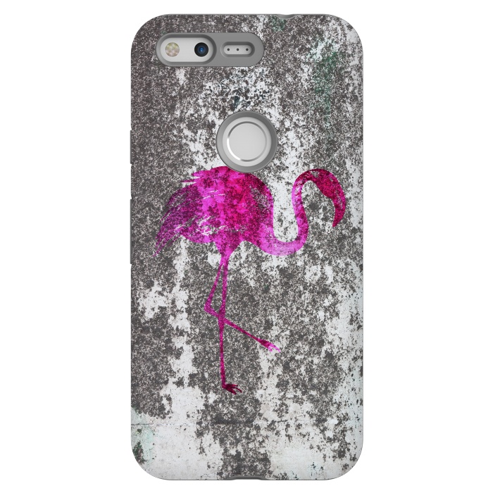 Pixel StrongFit Pink Flamingo Bird On Grunge Wall by Andrea Haase