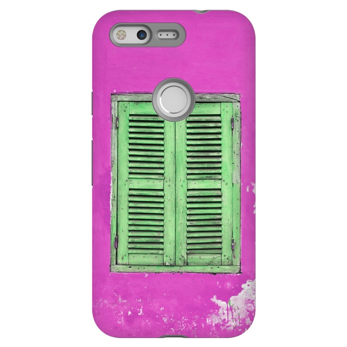 Pixel StrongFit Turquoise Green Shutters In Pink Wall by Andrea Haase