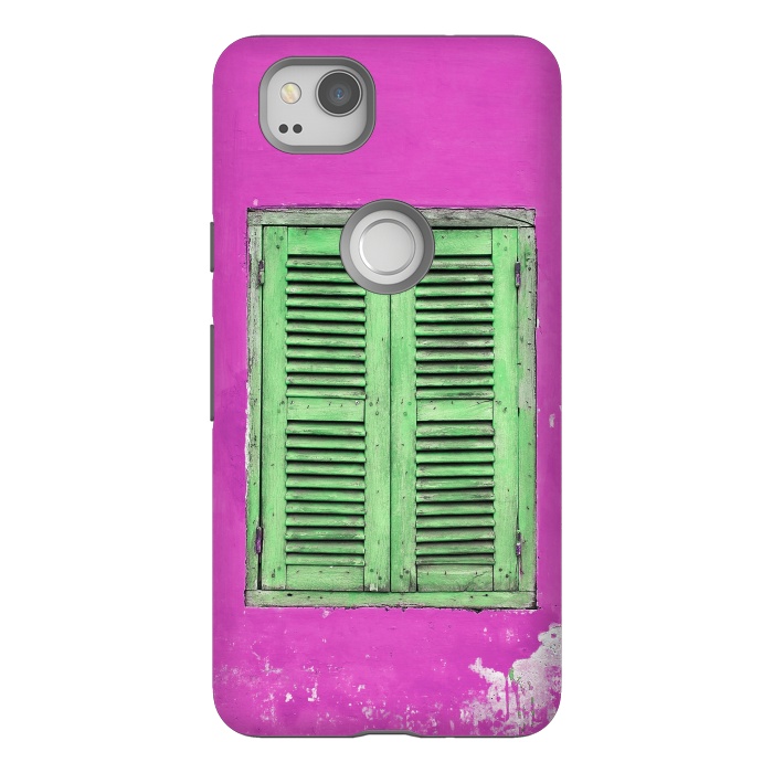 Pixel 2 StrongFit Turquoise Green Shutters In Pink Wall by Andrea Haase