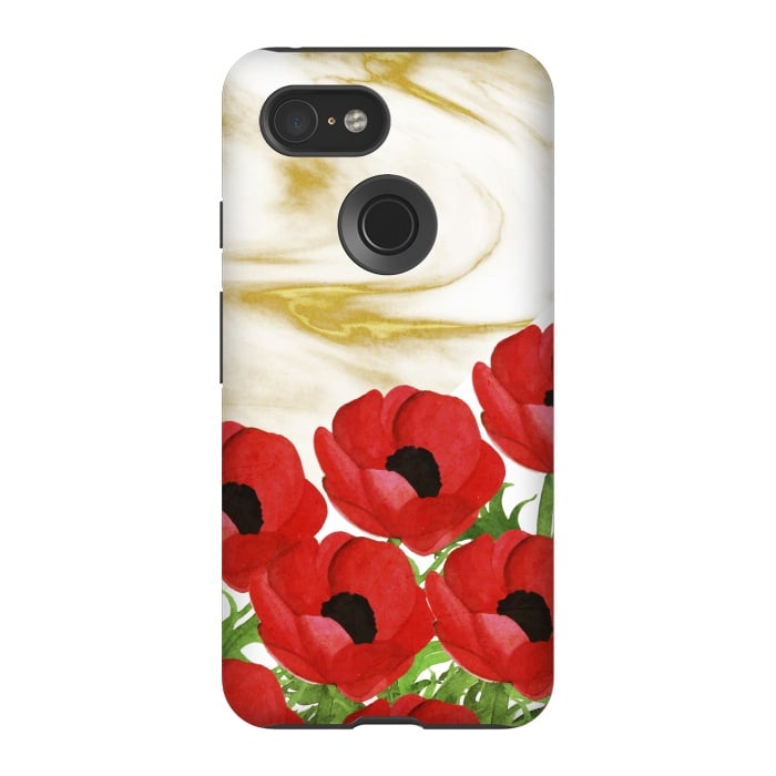 Pixel 3 StrongFit Red Flowers on Marbel by Rossy Villarreal