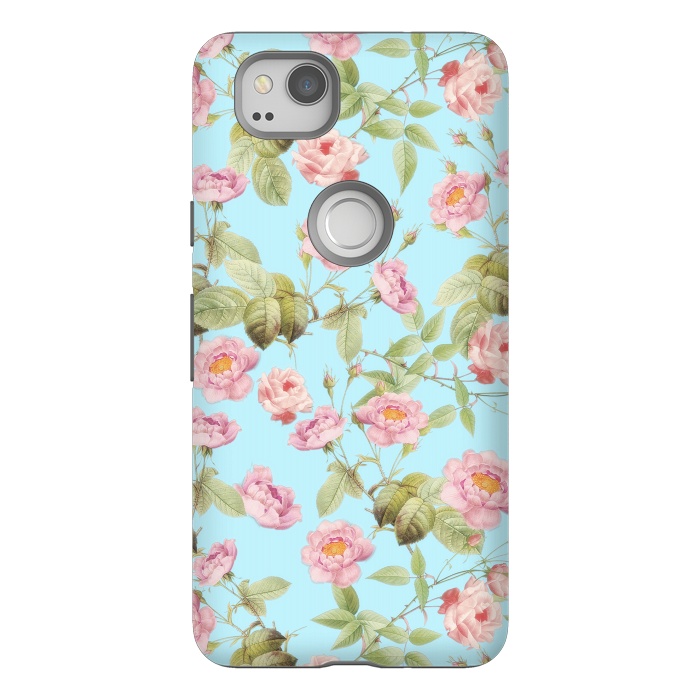 Pixel 2 StrongFit Pastel Teal and Pink Roses Pattern by  Utart