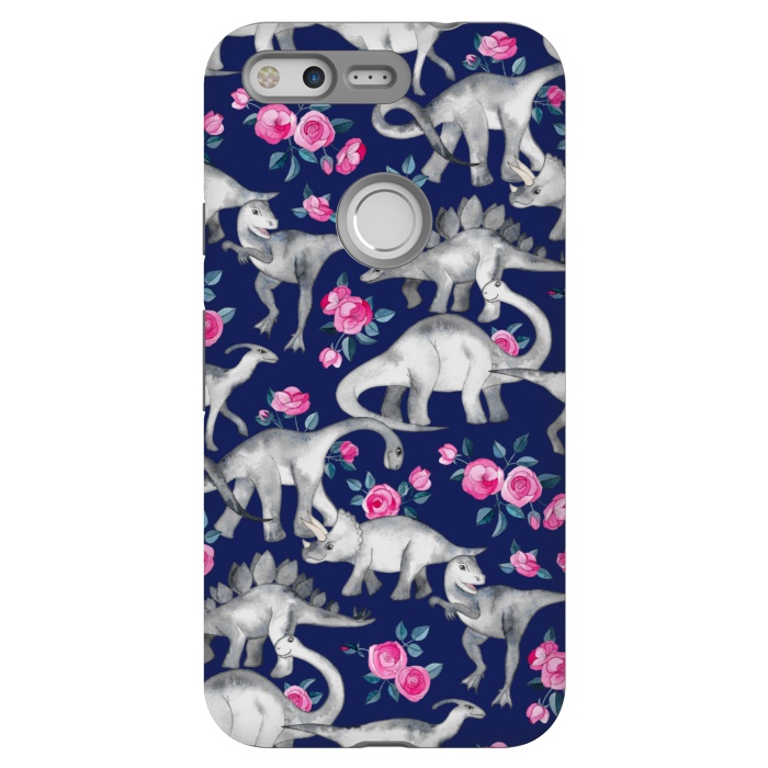 Pixel StrongFit Dinosaurs and Roses on Dark Blue Purple by Micklyn Le Feuvre