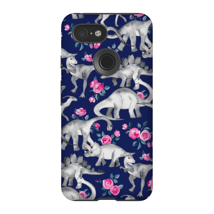 Pixel 3 StrongFit Dinosaurs and Roses on Dark Blue Purple by Micklyn Le Feuvre