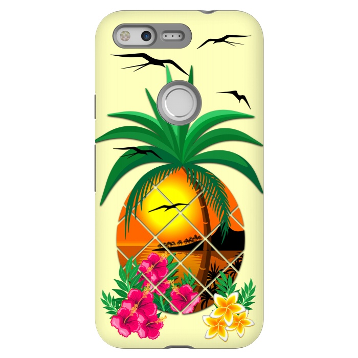 Pixel StrongFit Pineapple Tropical Sunset, Palm Tree and Flowers by BluedarkArt