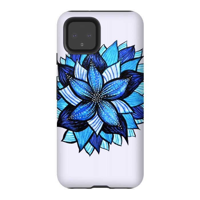 Pixel 4 StrongFit Beautiful Abstract Hand Drawn Zentangle Blue Flower by Boriana Giormova