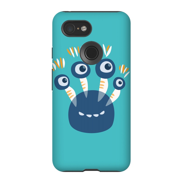 Pixel 3 StrongFit Cute Blue Cartoon Monster With Four Eyes by Boriana Giormova