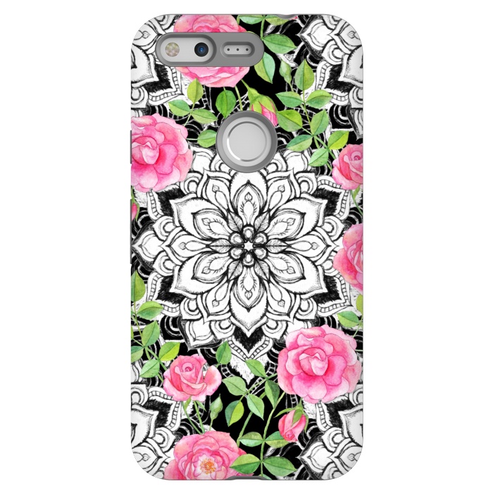 Pixel StrongFit Peach Pink Roses and Mandalas on Black and White Lace by Micklyn Le Feuvre