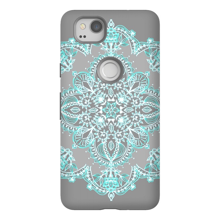Pixel 2 StrongFit Teal and Aqua Lace Mandala on Grey  by Micklyn Le Feuvre