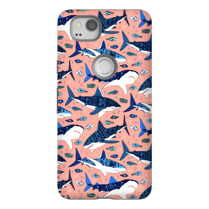 Pixel 2 StrongFit Tribal Sharks & Fish On Pink by Tigatiga