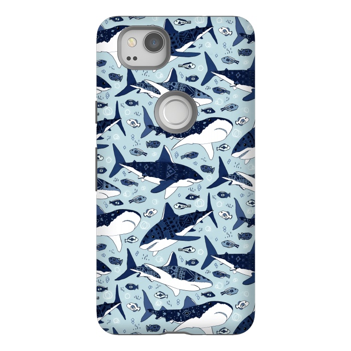 Pixel 2 StrongFit Tribal Sharks & Fish On Baby Blue  by Tigatiga