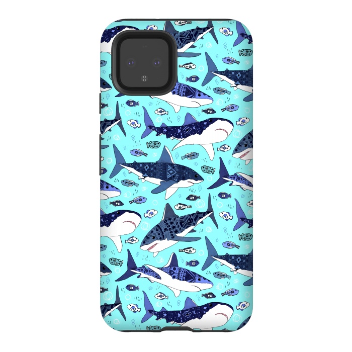 Pixel 4 StrongFit Tribal Sharks & Fish On Aqua by Tigatiga