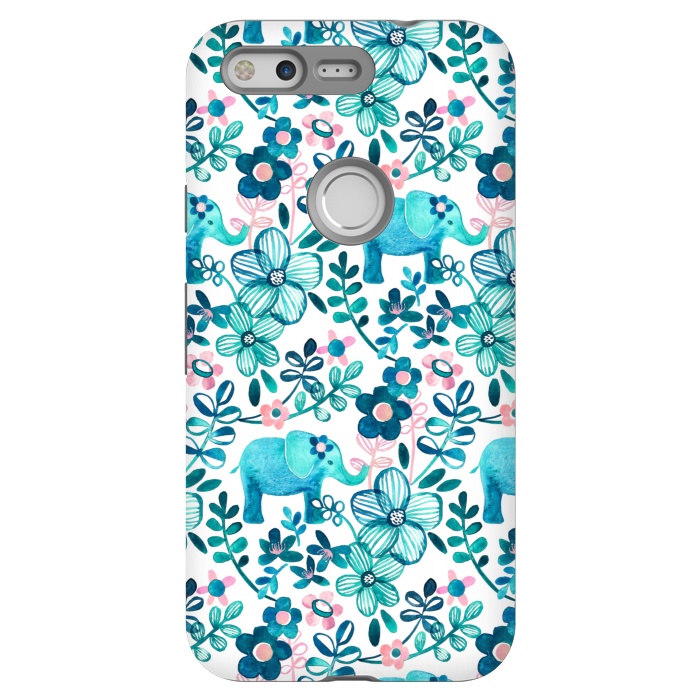 Pixel StrongFit Little Teal Elephant Watercolor Floral on White by Micklyn Le Feuvre