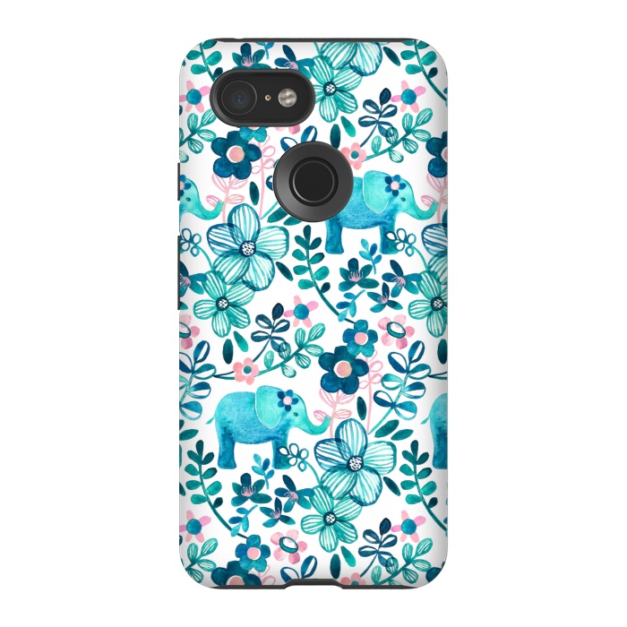 Pixel 3 StrongFit Little Teal Elephant Watercolor Floral on White by Micklyn Le Feuvre