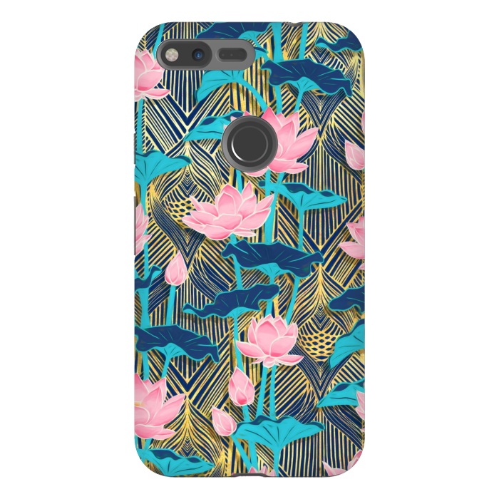 Pixel XL StrongFit Art Deco Lotus Flowers in Pink & Navy by Micklyn Le Feuvre