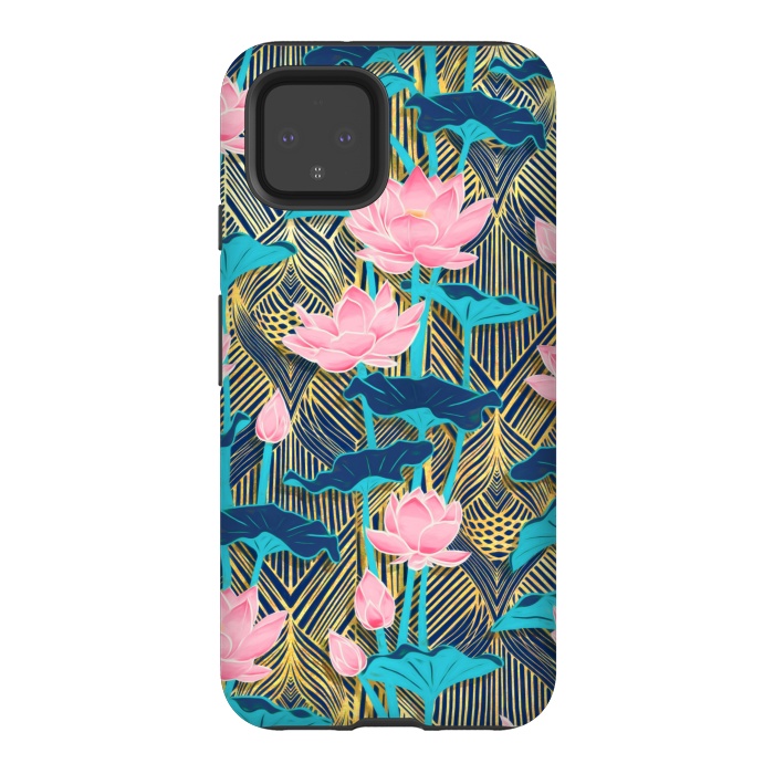 Pixel 4 StrongFit Art Deco Lotus Flowers in Pink & Navy by Micklyn Le Feuvre