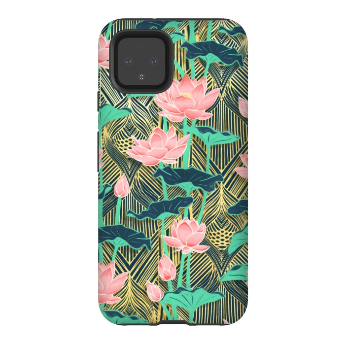 Pixel 4 StrongFit Art Deco Lotus Flowers in Peach & Emerald by Micklyn Le Feuvre