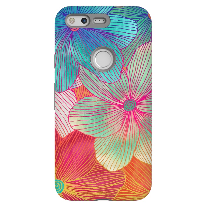Pixel StrongFit Between the Lines - tropical flowers in pink, orange, blue & mint by Micklyn Le Feuvre