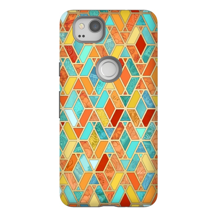 Pixel 2 StrongFit Tangerine and Turquoise Geometric Fall Pattern by Micklyn Le Feuvre
