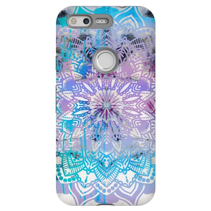 Pixel StrongFit Blue lavender mandala drawing on white marble by Oana 