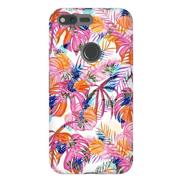 Pixel XL StrongFit Pink tropical leaves and blue pineapples by Oana 